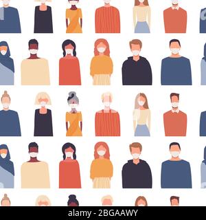 Vector seamless pattern in flat style. People isolated on white. Medical mask. Different nationalities. Global society. Disease epidemic. Coronavirus Stock Vector