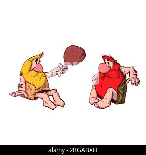 Cartoon illustration of two cavemen sitting together and talking around the camp fire. Stock Vector