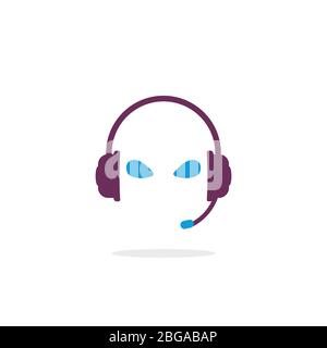 Headphones vector logo. Headset with microphone and alien eyes. Earphone isolated icon. Headphone and mic. Color logo for music and sound. Stock Vector