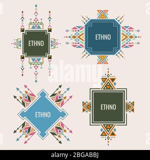Colorful ethno logo or banners design with authentic ornaments. Vector ethnic tribal logo emblem, aztec culture sign illustration Stock Vector