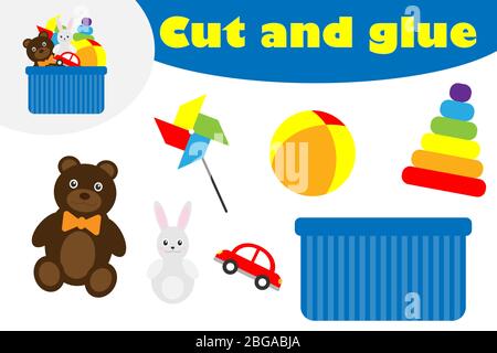 Toys box in cartoon style, education game for the development of preschool children, use scissors and glue to create the applique, cut parts of the im Stock Vector