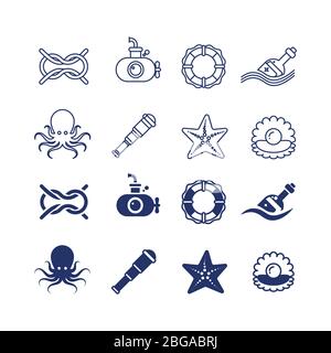 Sea, ocean, marine, nautical thin line and silhouette icons. Vector illustration Stock Vector