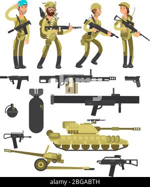 Military soldiers with ammunition, guns and weapons isolated vector collection. Weapon and soldier, army military fighter and tank illustration Stock Vector
