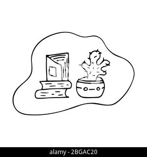 Three books. A cactus in a pot is standing nearby. Stack. World Book Day. Black and white doodle style illustration. World Book Day. Reading, studying Stock Vector