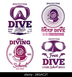 Bright diving school or dive club emblem set design. Vector illustration Stock Vector