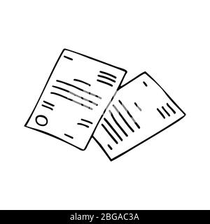 Work papers, important documents black and white illustration in doodle style. Stock Vector