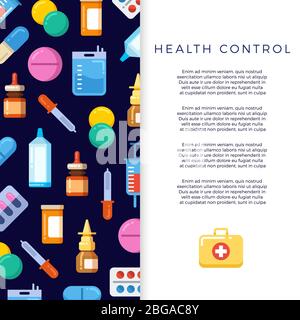 Medicine banner design with bright flat icons drugs. Vector illustration Stock Vector