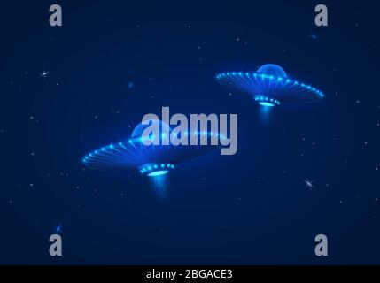 Couple of UFO in dark blue night sky. Vector illustration Stock Vector