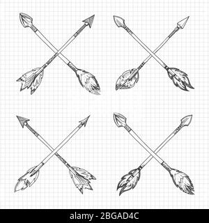 Hand drawn arrows cross on notebook page. Vector illustration flat Stock Vector