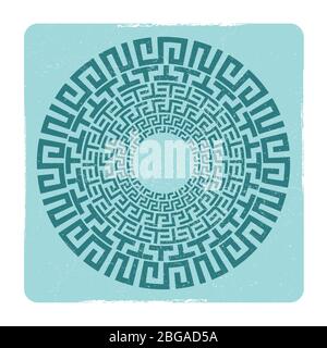 Grunge ancient Greek round meander key emblem in square frame. Vector illustration Stock Vector
