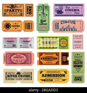 Retro party, cinema, movie and music event vector passing tickets set. Ticket to theater and music concert illustration Stock Vector