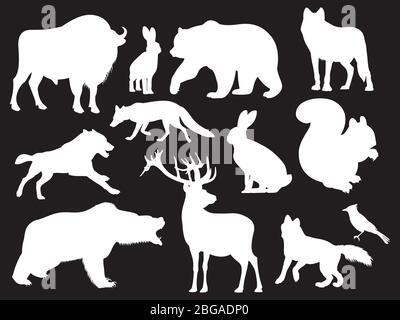 Wild animals silhouettes of set on black background. Vector illustration Stock Vector