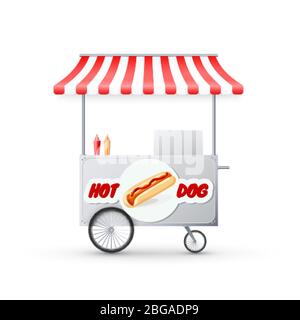 Hot Dog Cart with awning. Mobile street fast food market. Shop on wheels. Vector illustration Stock Vector