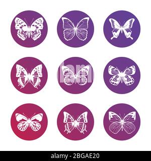 Bright set of icons with white butterflies silhouettes. Vector illustration Stock Vector