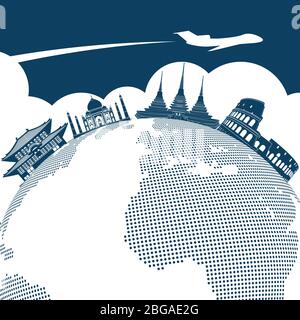 Around the world travel background design with airplane and famous landmarks silhouettes. Vector illustration Stock Vector
