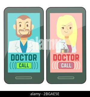 Flat mobile doctor, personalized medicine male and female consultant on smartphone. Vector consultation doctor online, healthcare medical illustration Stock Vector