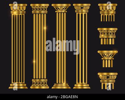 Golden shiny ancient rome architecture column set on black. Vector illustration Stock Vector