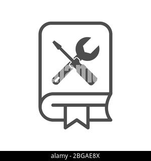 Vector icon of a book with a screwdriver and a wrench, symbol of an instruction or manual. Flat design, empty outline isolated on white background Stock Vector