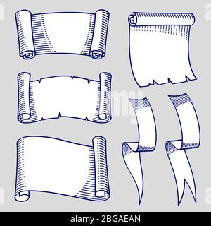 Hand drawn sketch of scrolls and ribbons. Ribbon scroll decoration sketch vintage, vector illustration Stock Vector