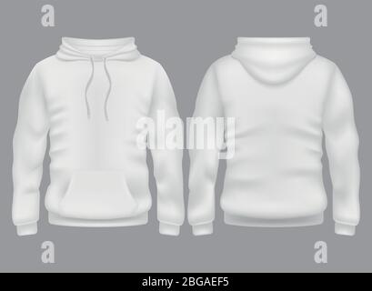 Men white blank hoodie in front and back view. Vector mockup isolated. Sweatshirt with hoodie back and front view, sweater hooded illustration Stock Vector