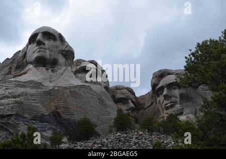 Late Spring in the South Dakota Black Hills: Mount Rushmore National Memorial Seen From Talus Terrace Along the Presidential Trail Stock Photo