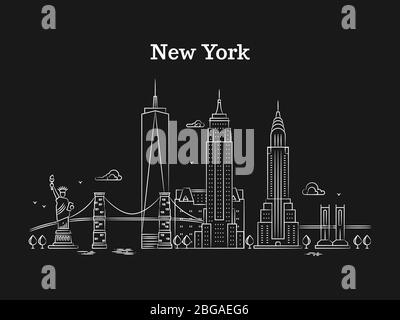 White linear New York panorama with bridges, skyscrapers and sights on black background. Vector illustration Stock Vector
