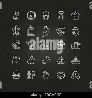 White pet shop, animals hand drawn line vector icons, outline vet symbols on chalkboard. Vector illustration Stock Vector