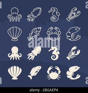 Seafood linear and silhouette icons set on grunge background. Vector seafood fish and octopus, underwater animals and shellfish illustration Stock Vector