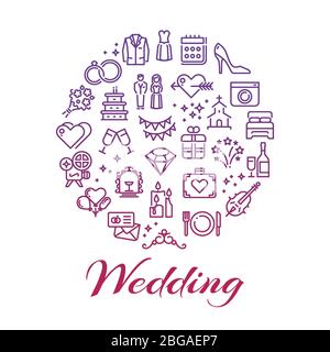 Bright wedding line icons round label concept. Vector illustration flat Stock Vector