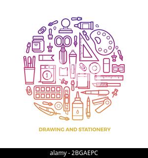 Bright stationery and drawing line icons round concept. Vector illustration Stock Vector