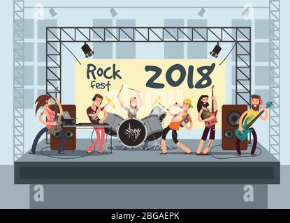 Music performance on stage with young musicians. Rock concert vector background. Musician group with guitarist, keyboardist and vocalist illustration Stock Vector