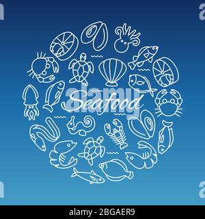 Seafood line icons banner with fish shrimp oyster. Vector illustration Stock Vector