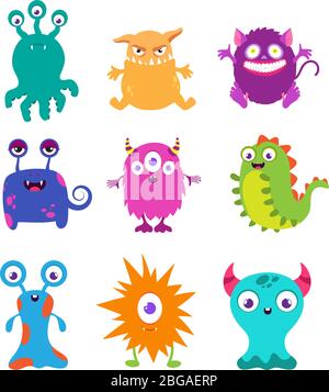 Cartoon funny monsters vector set for t-shirt design. Monster character animal, happy alien demon drawing illustration Stock Vector