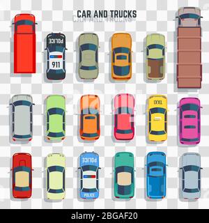 Cars and trucks top view isolated on transparent background. Vector illustration Stock Vector