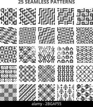 Abstract geometric seamless black and white vector patterns. 25 repeating retro textures. Illustration of geometric pattern repeat, print monochrome graphic Stock Vector