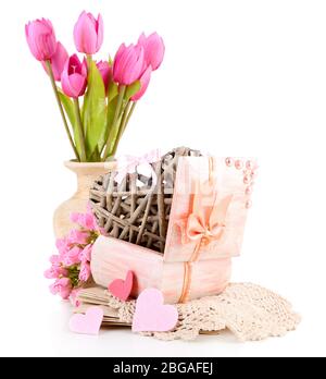 Still life with heart in wooden casket, isolated on white Stock Photo