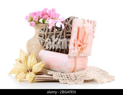 Still life with heart in wooden casket, isolated on white Stock Photo