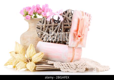 Still life with heart in wooden casket, isolated on white Stock Photo