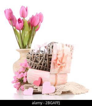 Still life with heart in wooden casket, isolated on white Stock Photo