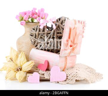 Still life with heart in wooden casket, isolated on white Stock Photo