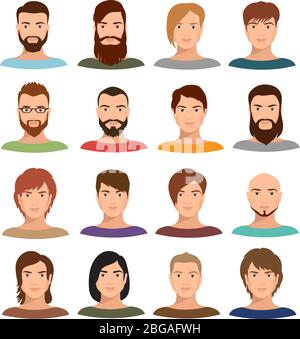 Adult male portraits vector collection. Internet profile mans cartoon faces. User profile human male avatar, social portrait face illustration Stock Vector