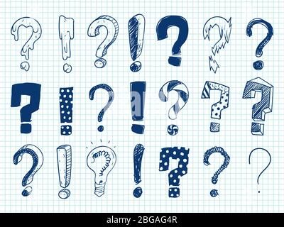 Hand drawn sketch exclamation and question marks on notebook page. Vector illustration Stock Vector