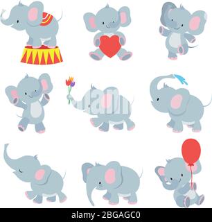 Funny cartoon baby elephants vector collection for kids stickers. Elephant funny character with flower and air balloon illustration Stock Vector