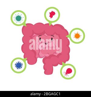 Cartoon happy human intestine with good microscopic bacterias medical probiotics vector concept. Illustration of health digestive, microbe in digestion Stock Vector