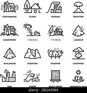 Natural disaster accidents line vector icons and damage symbols. Hurricane and storm, fire and tsunami, flood and earthquake illustration Stock Vector