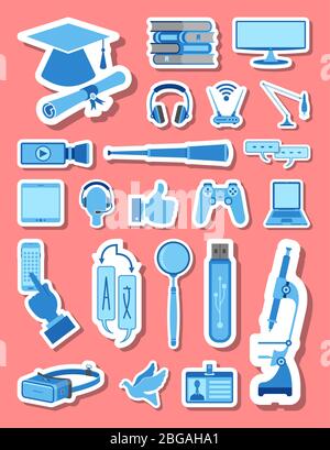 Education and school icons set in blue tones. All the icon objects, shadows and background are in different layers. Stock Vector