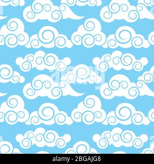 Clouds in japanese and chinese style vector seamless decorative pattern. Chinese pattern blue sky and white cloud illustration Stock Vector
