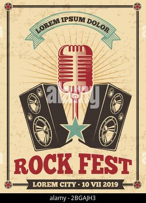Rock festival vintage vector poster. Rock and roll concert retro background. Banner festival concert, musical heavy illustration Stock Vector