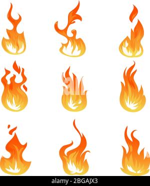 Cartoon fire flames vector set. Ignition light effect, flaming symbols. Hot flame energy, effect fire animation illustration Stock Vector