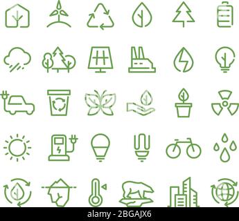 Eco and green environment vector line icons. Ecology and recycling outline symbols. Green energy environment, eco recycling power illustration Stock Vector